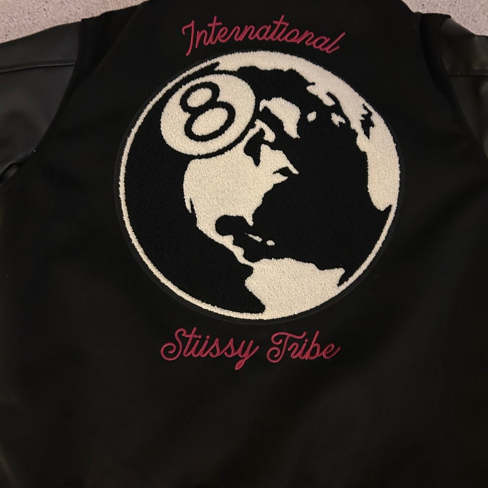 Stussy Black Jacket with White Globe and Pink Embroidery